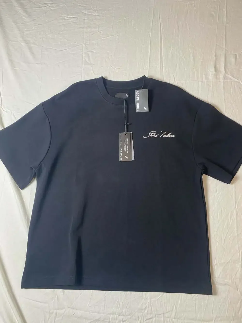 Stone Falcon Men's Black Rhinestone Script Logo T-Shirt Size M